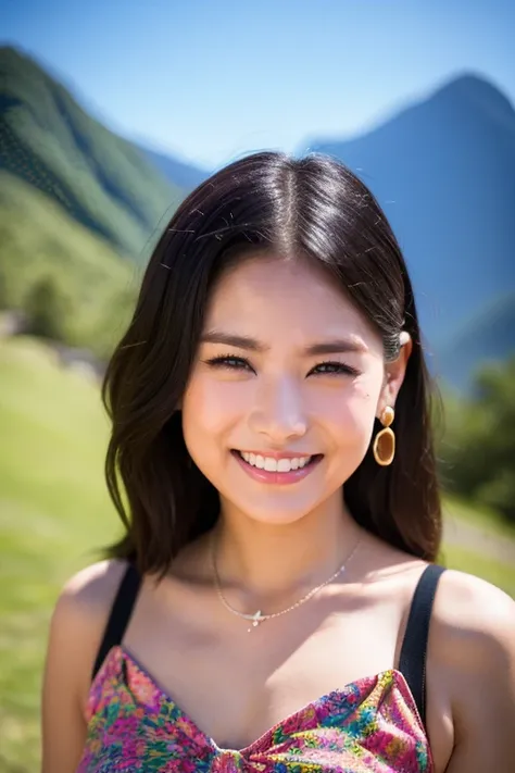 Highest quality、Masterpiece、32k raw photo,High-definition photos、Black Hair,Upper Body、Brown eyes,Earrings,necklace、Psychedelic dress、(((full-face blush, embarrassed,squinting、smile)))alone、Background of Machu Picchu