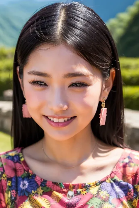 Highest quality、Masterpiece、32k raw photo,High-definition photos、Black Hair,Upper Body、Brown eyes,Earrings,necklace、Psychedelic dress、(((full-face blush, embarrassed,squinting、smile)))alone、Background of Machu Picchu