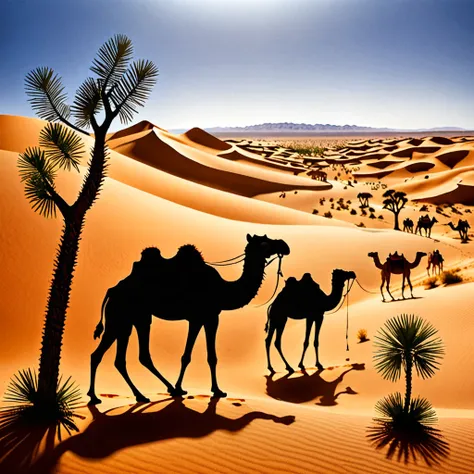 Create a detailed paper cutout artwork depicting a desert scene with camels. The scene should include vast, rolling sand dunes, a clear blue sky, and a few scattered desert plants. Camels should be shown in various poses, some walking in a caravan, some re...