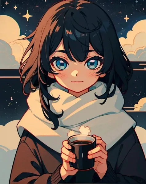 close-up of a 20-year-old black-haired woman、being calm、gentle light、black background、coffee、head shot、lo-fi illustration、a rela...