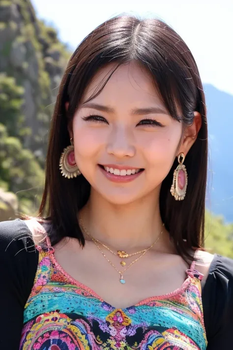 Highest quality、Masterpiece、32k raw photo,High-definition photos、Black Hair,Upper Body、Brown eyes,Earrings,necklace、Psychedelic dress、((full-face blush, embarrassed,squinting、smile))alone、Background of Machu Picchu