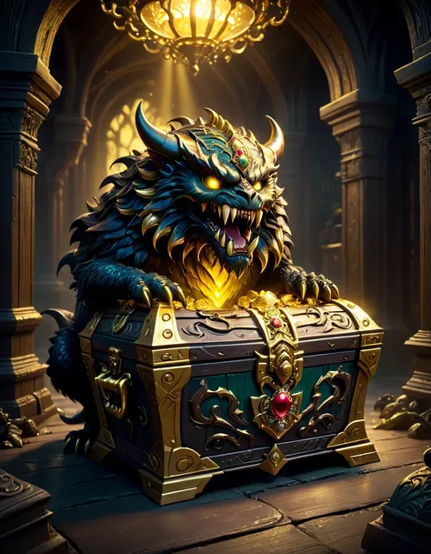 a monster disguised as a treasure chest, highly detailed, intricate design, ornate golden accents, glowing magical aura, sharp claws and teeth, ominous presence, fantasy, dark moody lighting, cinematic composition, dramatic shadows, rich colors, digital pa...