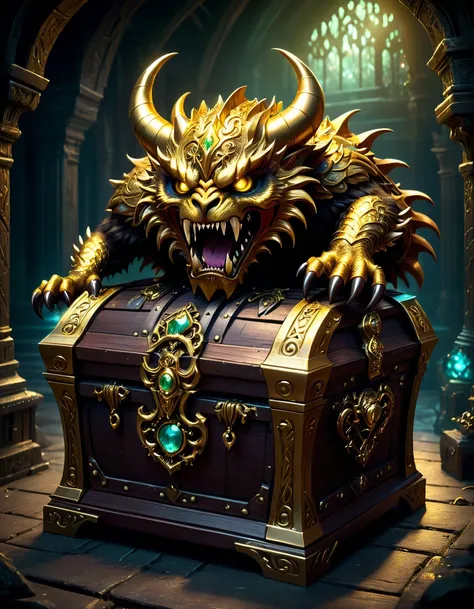 a monster disguised as a treasure chest, highly detailed, intricate design, ornate golden accents, glowing magical aura, sharp claws and teeth, ominous presence, fantasy, dark moody lighting, cinematic composition, dramatic shadows, rich colors, digital pa...