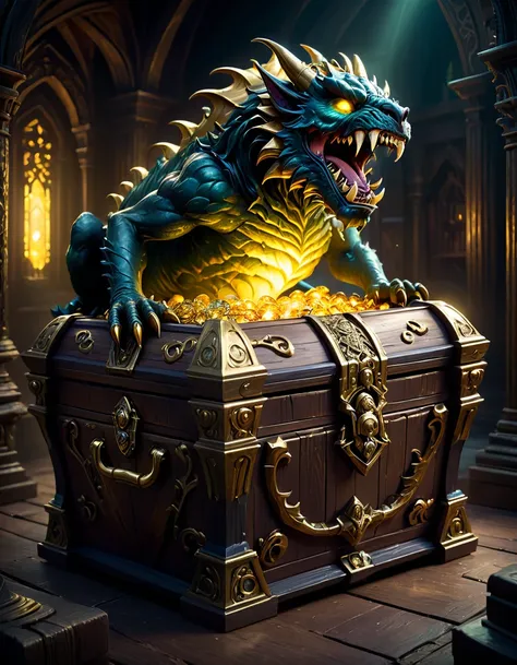 a monster disguised as a treasure chest, highly detailed, intricate design, ornate golden accents, glowing magical aura, sharp claws and teeth, ominous presence, fantasy, dark moody lighting, cinematic composition, dramatic shadows, rich colors, digital pa...