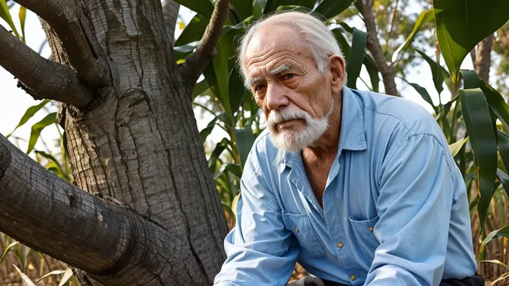 An anime  old man sitting in the bottom of a tree in the centre of a corn field he he must look like the most experienced man on the world 