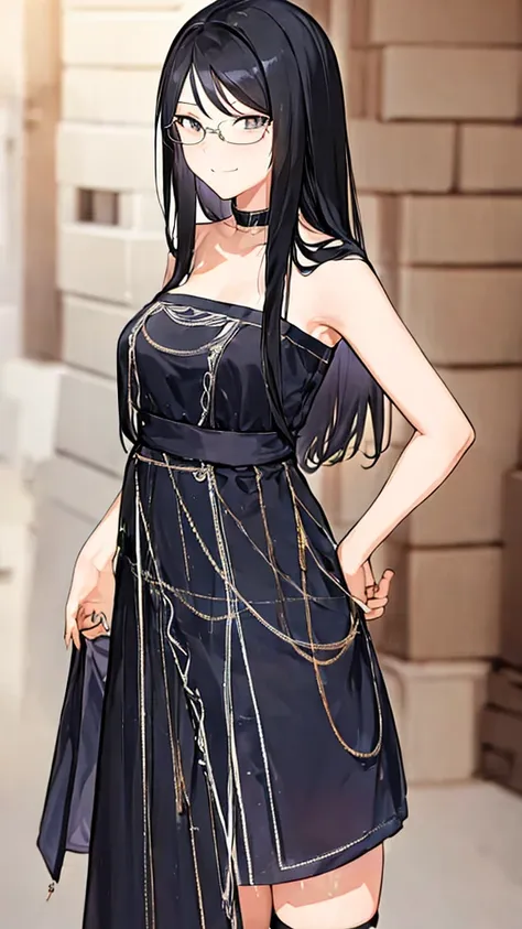 a 20-year-old cat girl with long black hair, gray eyes, cat ears and a cat tail, wears glasses, black  dresses whole leg length ...