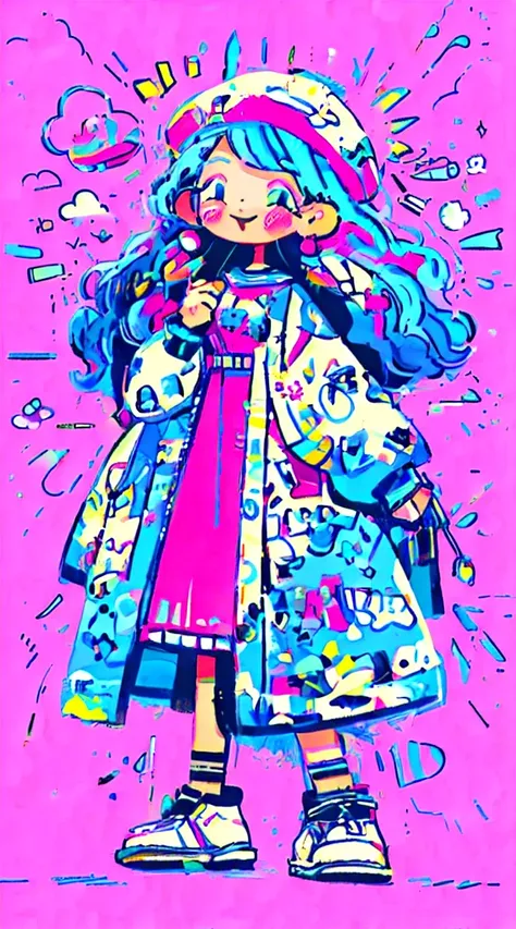 girl, wearing pink blouse, blakc skirt, beret, long blue hair, curly hair, big earrings, smiling and happy. Hands spread out, head tilted slightly upwards, very happy, lots of shopping bags hanging from her hands, simple background, colorful,Full body, sid...