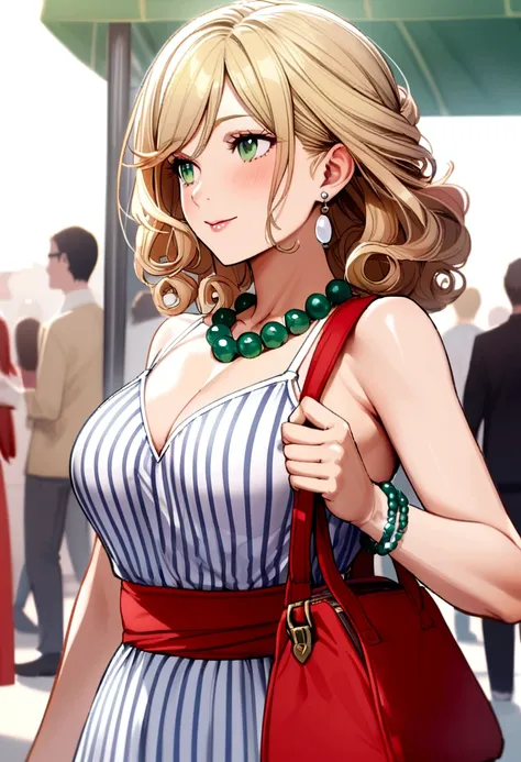 40 year old woman, curly blonde hair to waist, green eyes, blue and white striped spaghetti strap dress, white earrings, red bag, jade bracelet, red bead necklace