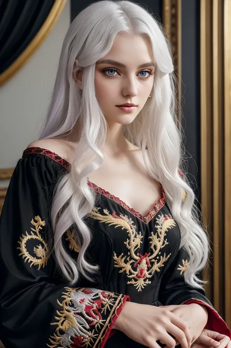 white hair girl, curly and long; violet eyes, pale and thin complexion, with a black dress, with red fabric decorations and gold embroidery, with embroidered dragons, long sleeve and off the shoulder