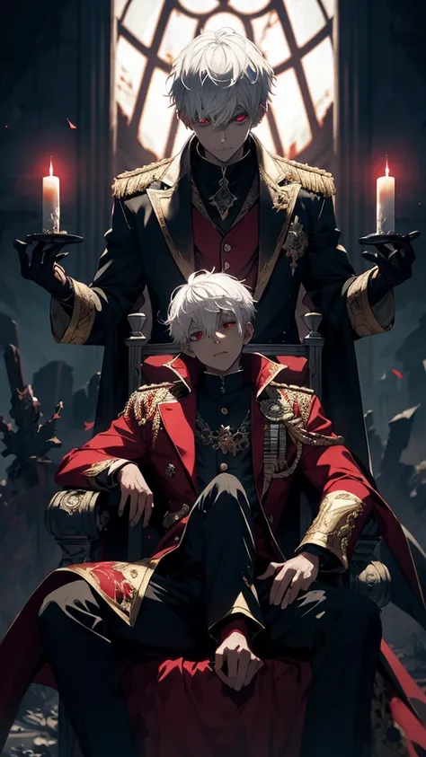 white haired, A red-eyed prince sits on a majestic throne inside an abandoned palace. The environment around it is dark and gloomy, with evil red eyes in the walls and cobwebs hanging there. The throne is richly decorated, with details of gold and precious...