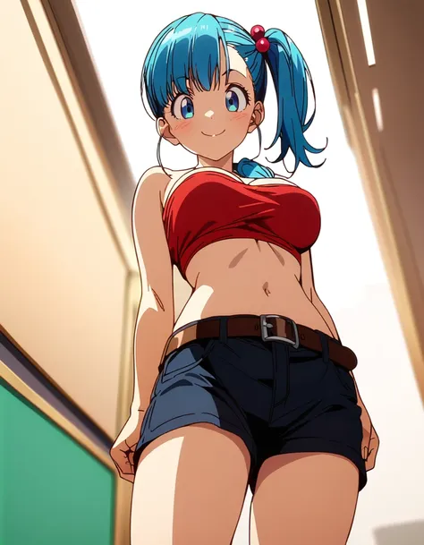 score_9, score_8_up, score_7_up, BREAK from below:1,,(standing),arms behing back,1girl,bulma, blue eyes, blue hair,bare shoulders, belt, cleavage, hair bobbles, hair ornament, hair over shoulder,medium breast,midriff, navel, one side up, red tube top, shor...