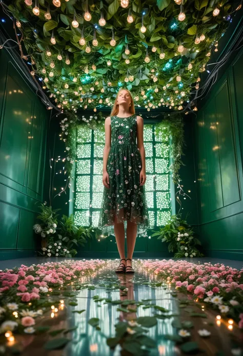 extreme low angle photo taken from below of a young woman with sleeveless dress, standing inside a room full with flowers and green leaves and fairy lights on its walls and ceilings. The floor and walls are made from 1 seamless mirror, creating ethereal re...