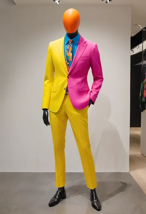 A faceless mannequin striking an exaggerated pose,The faceless mannequin is wearing a brightly colored suit,whole body