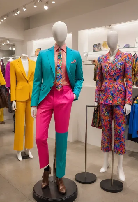 A faceless mannequin striking an exaggerated pose,The faceless mannequin is wearing a brightly colored suit,whole body