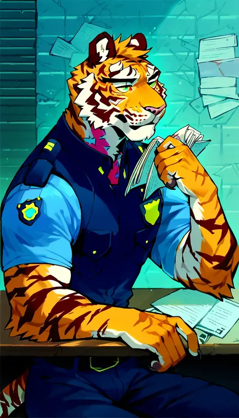 score_9, score_8_up, score_7_up, (cyberpunk city, police office, work cabinet, wall on background:1.5),
((Tiger:1.2), anthro, solo, male, (portrait, Sitting at the table:1.35), (reading papers:1.2), ((wearing police uniform, police captain)), ((tiger fur))...