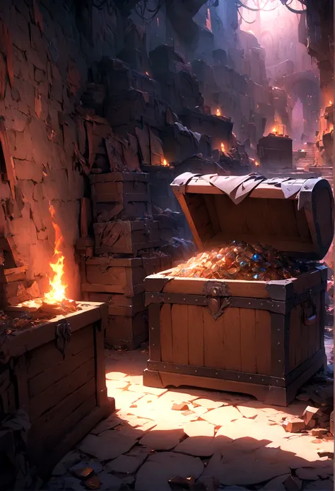 ((Masterpiece, top quality, high resolution)), ((highly detailed CG unified 8K wallpaper)), A small room in the dungeon, a treasure chest lit by torches, a warrior destroying a treasure chest,