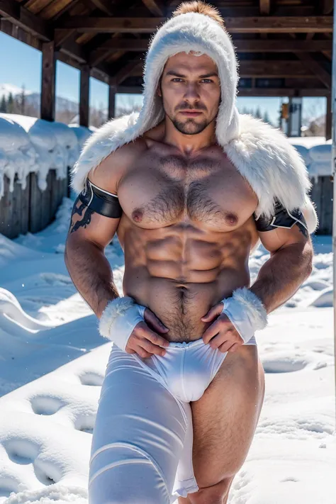 1 stocky shirtless Russian gay is standing with his legs and thighs opened and spread in the snow with wide landscape of snowfield , 1 man only, no other people, iceblocks and icelake and snow scene, he is wearing white fur gloves, fur woolen hat to cover ...