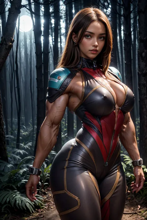 (Muscular:2), (thick thighs:1), (large round breasts:1), (large muscular chest and shoulders:1.4), FEMALE, brown hair, long brown hair, (big smile:0), (wearing a tight spacesuit:1.5), looking at viewer, (three quarter view:1.2), upper body view, (smoky for...