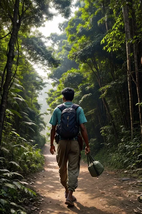 #### Scene 2: Setting Out on the Journey
- **Departure**: Early morning, Raju packs a small bag with essentials and sets off toward the forest. Show his determination and a bit of nervousness.
- **Background score**: Play an uplifting and adventurous theme...