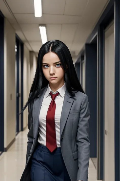 capture boku no hero academia, beautiful woman, long straight blue black hair, eyes with heterochromia, upset expression on face, uniform gray coat red tie, walking down a school hallway in the background, looking to the camera 