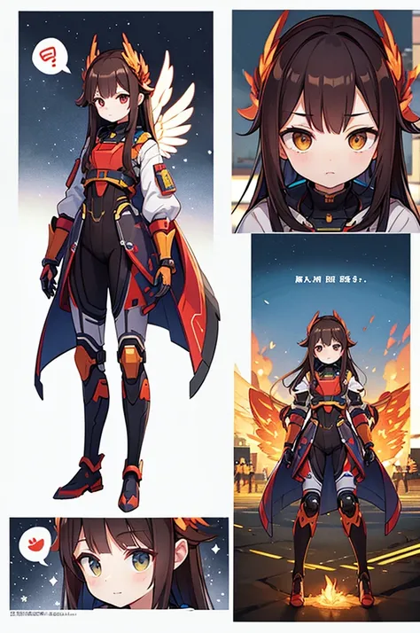 True Face、Full-body portrait、Are standing、Brown Hair、Long Hair、adult、Scientist、sf、Mechanical Battle Suit、Electronic Phoenix Wings