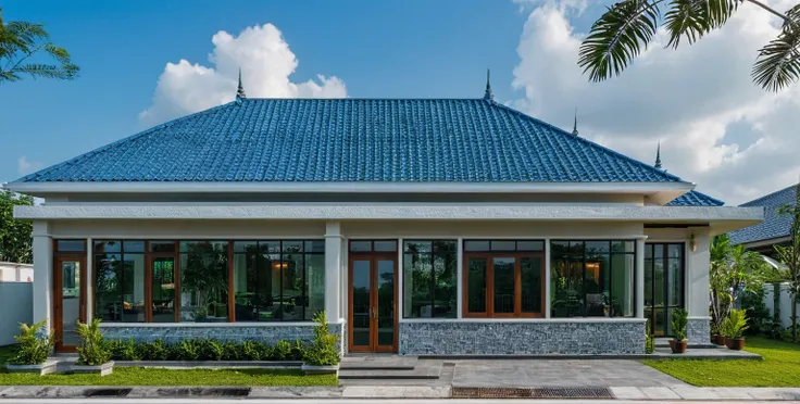 Raw photo, Masterpiece, high quality, best quality, authentic, super detail, outdoors, house style modern on the street , a traditional single-story Thai-style house, large glass window and at the first floor, blue tile roof, white wall, pavement, grass, t...