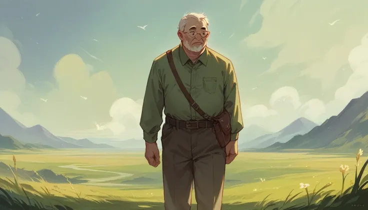 An old man standing in along distance a flat green fielded ground