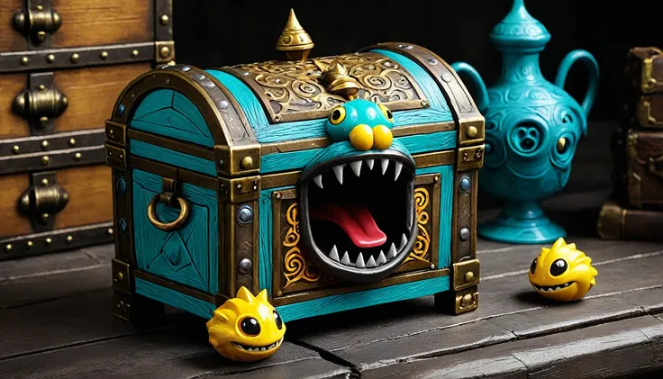 ((Top Quality)), ((Masterpiece)), (Details), laughing treasure box monster in dungeon, so-called mimic