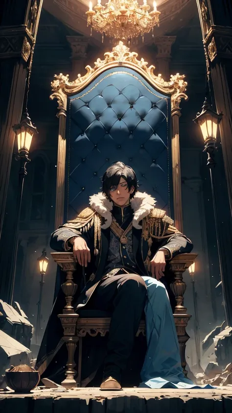 Black haired, A blue-eyed prince sleeps on a majestic throne inside an abandoned palace. The environment around it is dark and gloomy, with evil blue eyes in the walls and cobwebs hanging there. The throne is richly decorated, with details of gold and prec...