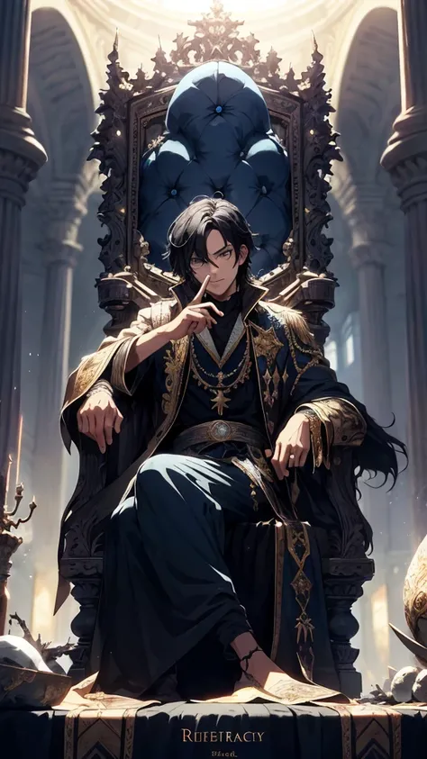 Black haired, A blue-eyed prince sleeps on a majestic throne inside an abandoned palace. The environment around it is dark and gloomy, with evil blue eyes in the walls and cobwebs hanging there. The throne is richly decorated, with details of gold and prec...