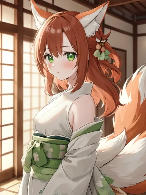 high_quality, 4k, masterpiece, 1girl, solo, shoulder-length auburn hair, green eyes, middle_aged, nine-tailed Kitsune, Kimono dress, light blush, fair-skinned, looking_at_viewer, indoors