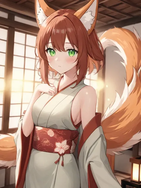 high_quality, 4k, masterpiece, 1girl, solo, shoulder-length auburn hair, green eyes, middle_aged, nine-tailed Kitsune, Kimono dress, light blush, fair-skinned, looking_at_viewer, indoors