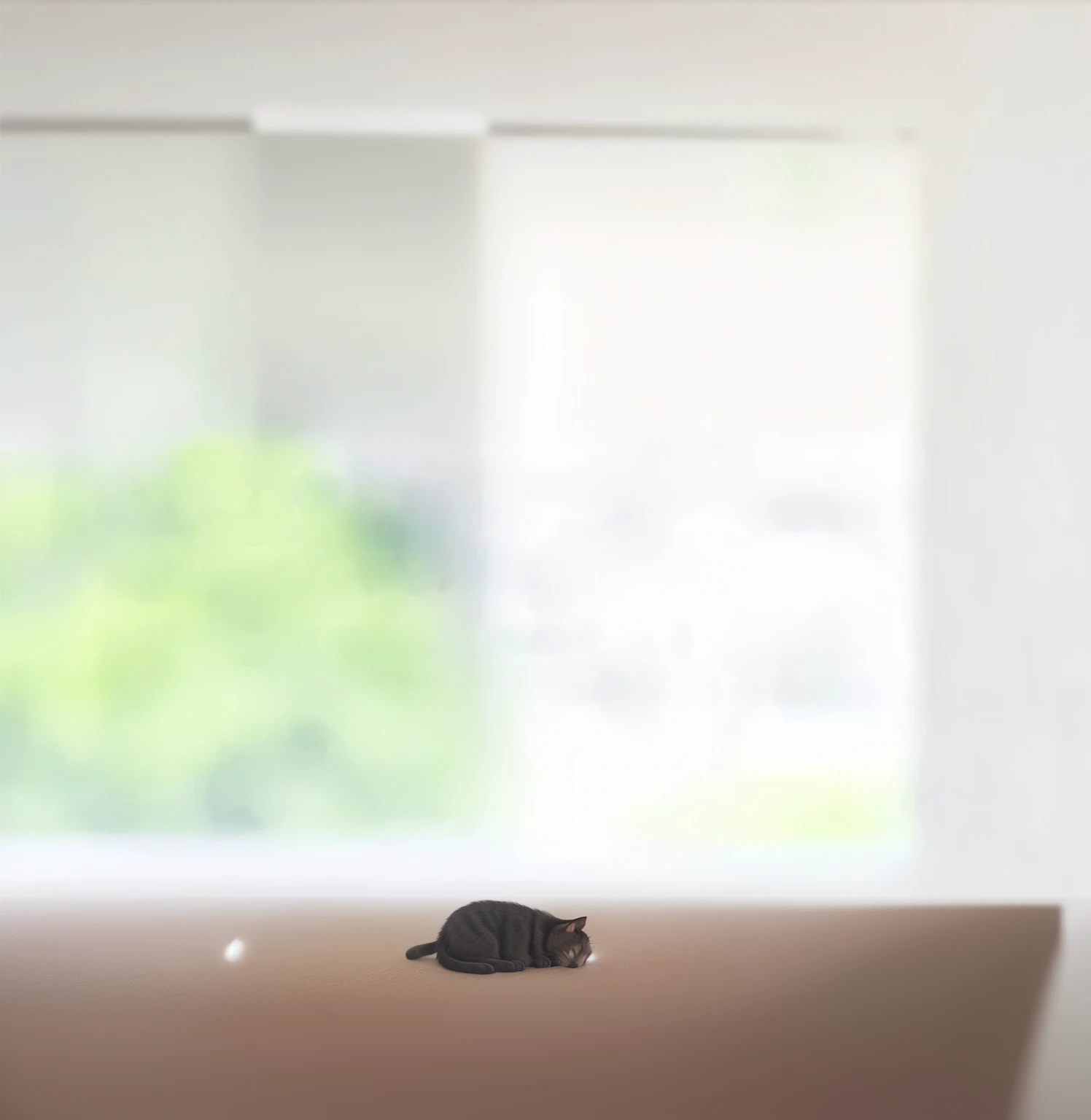 There is a cat sitting on the table in front of the window, out of focus background, out of focus background, Blurred background, Blurred background, Background out of focus, Background blurred, Background blur, Blurred Background, blurry distant backgroun...