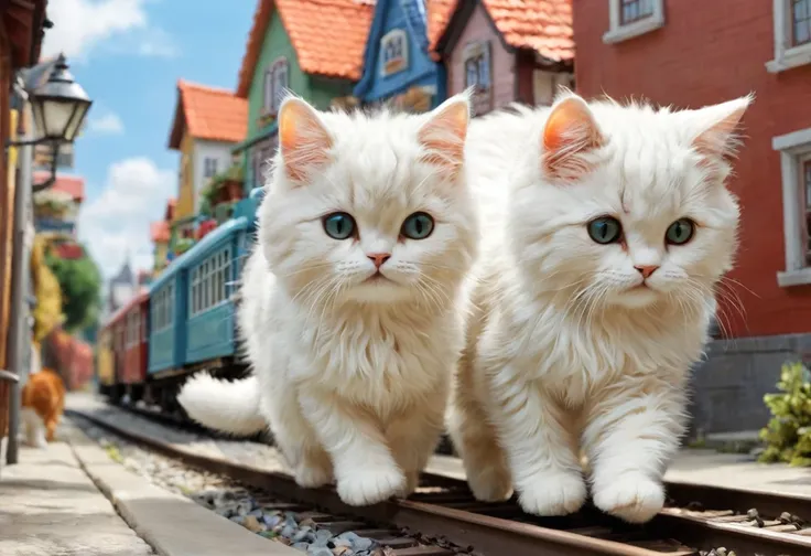 a giant cat is running amok in a miniature town,cat lifting a train,big cat:cute:fluffy:超cute:big size,diorama:line:train,ultra ...