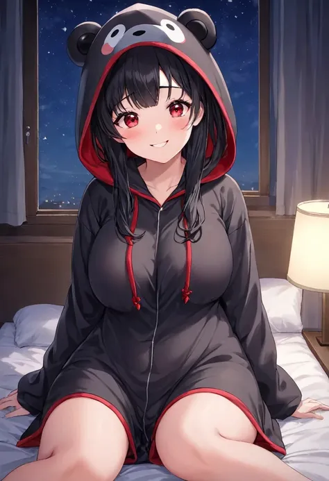 (Kigurumi pajamas style) (18 yo, solo straight:1.2 black hair long hair sexy dominance lady, detailed red eyes, love smile, big tits), (in a Kumamon:1.5 hooded, kumamon kigurumi), break, in the lovely bedroom of night, BREAK, masterpiece, best quality, 16k...