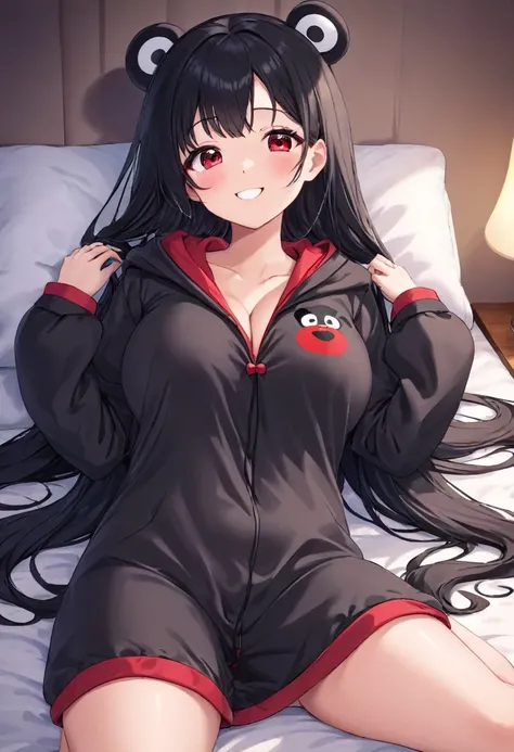 (Kigurumi pajamas style) (18 yo, solo straight:1.2 black hair long hair sexy dominance lady, detailed red eyes, love smile, big tits), (in a Kumamon:1.5 hooded, kumamon kigurumi), break, in the lovely bedroom of night, BREAK, masterpiece, best quality, 16k...