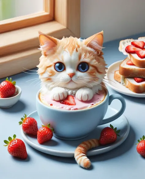 (masterpiece, Highest quality, Highest quality, Official Art, Beautiful and beautiful,Lovely illustration,:1.5), strawberry, blueberry, toast, coffee, For breakfast, Lovely, pastel colour, fluffy , Cat, Happy, watercolor, soft, warm