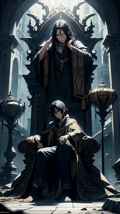 Black haired, A blue-eyed prince sleeps on a majestic throne inside an abandoned palace. The environment around it is dark and gloomy, with evil blue eyes in the walls and cobwebs hanging there. The throne is richly decorated, with details of gold and prec...