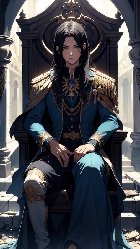 Black haired, A blue-eyed prince sleeps on a majestic throne inside an abandoned palace. The environment around it is dark and gloomy, with evil blue eyes in the walls and cobwebs hanging there. The throne is richly decorated, with details of gold and prec...