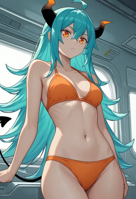 score_9, score_8_up, score_7_up,1 daemon woman,black  demon horns, black demon tail, (aquamarine hair),aquamarine green color hair,ahoge, long hair, (long hair),bangs, light orange bikini,bikini is orange, bikini orange, orange bikini!, (orange eyes), back...