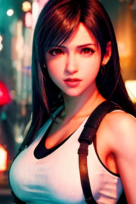 ff7r style, tifa lockhart,
1girl, solo, long hair, earrings, jewelry, red eyes, black hair, looking at viewer, realistic, blurry, parted lips, blurry background, tank top, swept bangs, lips, portrait, suspenders, bare shoulders, brown eyes, bangs
, ((maste...