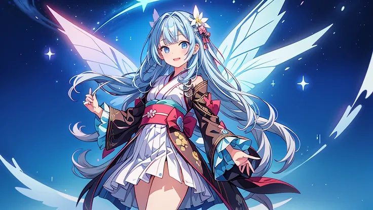 Highest quality、Masterpiece、Official Art、Dynamic composition、One Girl, alone,starの妖精、The index finger on the left is pointing to the left side of the screen.、 Hello, Virtual YouTuber, Milky white with blue inner color hair, Transparent little fairy wings, ...