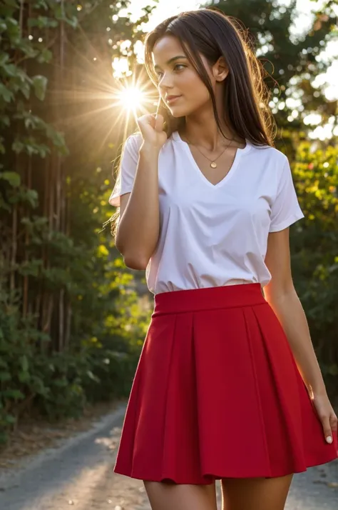 Believe girl in red mini skirt looking at the sun