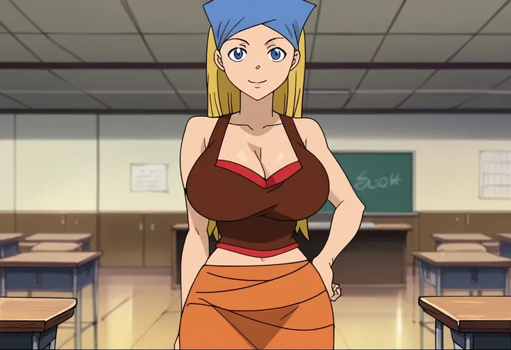 score_9, score_8_up, score_7_up, break, 1girl, solo,  lindsaytd, blue bandana, cleavage, red undershirt, brown tank top, midriff...