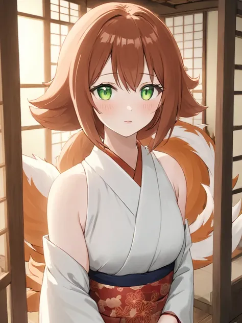 high_quality, 4k, masterpiece, 1girl, solo, shoulder-length auburn hair, green eyes, elderly, nine-tailed Kitsune, Kimono dress, light blush, fair-skinned, looking_at_viewer, indoors