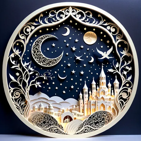 Create a detailed paper cutout artwork depicting an intricate scene of arabesque patterns against a moonlit night. The artwork should include elaborate, swirling designs that capture the essence of arabesque art, set against the backdrop of a serene night ...