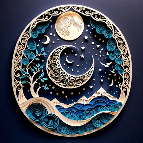 Create a detailed paper cutout artwork depicting an intricate scene of arabesque patterns against a moonlit night. The artwork should include elaborate, swirling designs that capture the essence of arabesque art, set against the backdrop of a serene night ...