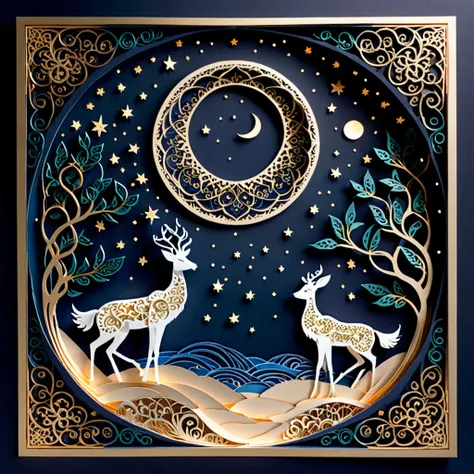 Create a detailed paper cutout artwork depicting an intricate scene of arabesque patterns against a moonlit night. The artwork should include elaborate, swirling designs that capture the essence of arabesque art, set against the backdrop of a serene night ...