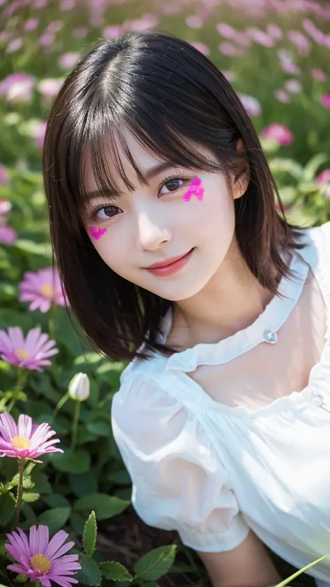 (highest quality,masterpiece:1.3,ultra high resolution),(Super detailed,caustics,8k),(photorealistic:1.4,RAW shooting),(girl lying in a flower field),18-year-old,cute,Japanese,black short hair,look up at the camera with a smile,white blouse,(big ),bust up ...