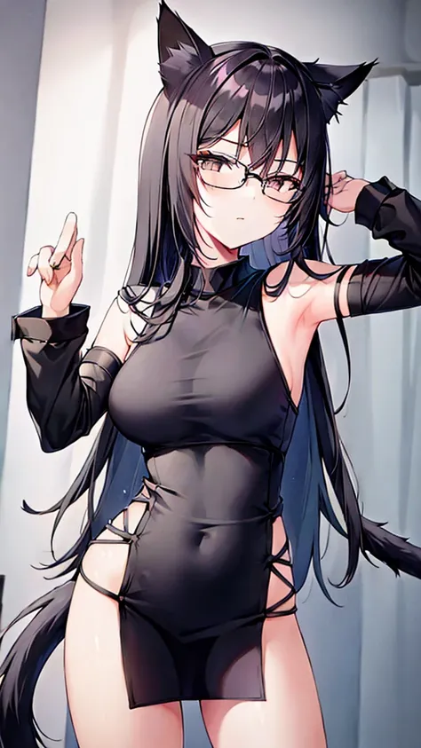 A 20-year-old cat girl with long black hair, gray eyes, cat ears and a cat tail, wears glasses, black  long dresses sexy, sleeveless